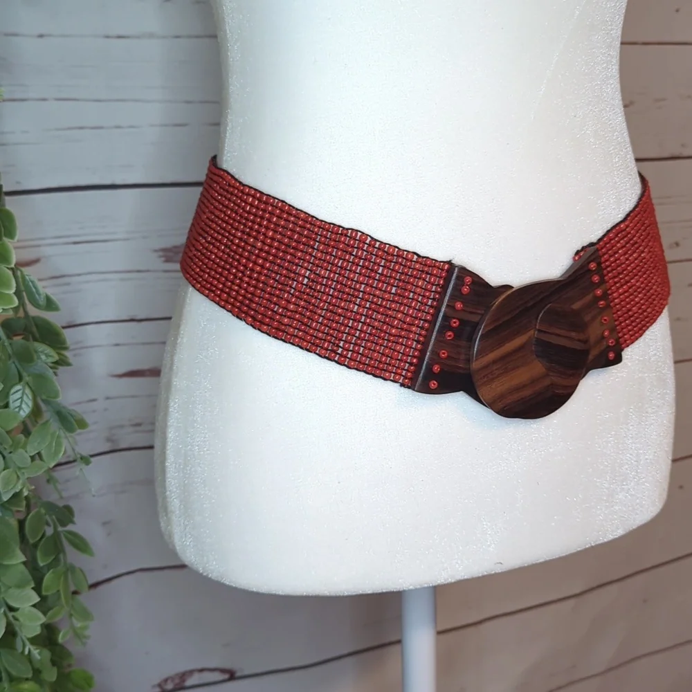 Vtg Glass Bead Wood Stretchy Elastic Belt Burnt Orange‎ Belt Women OS Bohemian